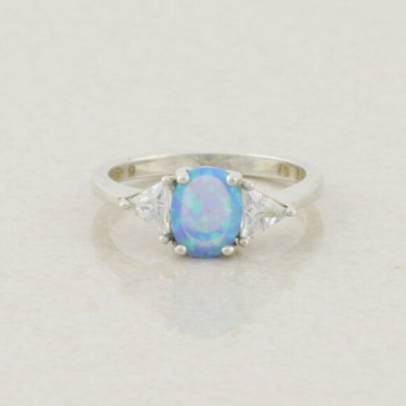 Sterling Silver Blue Opal and Cubic Zirconia Ring Size 6 1/4 - Picture 1 of 8